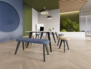Alega Meeting Table in Black Oak Legs with Alega Benches and Stools and Spry Mobile Wall in Modern Office Setting