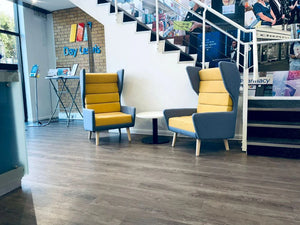 Douglas Single Seater Wing High Back Chair in Yellow and Light Blue Finish with Round Cylinder Based Coffee Table