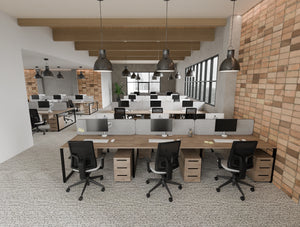 Key 6 Person Bench Desk with Light Desk Screen and Aria Ergonomic Chair and Key 3 Drawer Slimline Pedestal in Modern Office Setting