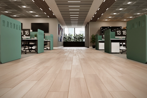 Koala Acoustic Bench Screen in Dark Green in Office Settings