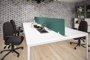 Koala Acoustic PET Plain Screen in Green Finish with White Top Bench Desk and Black Armchair in Modern Office Setting