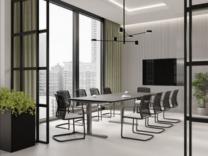 Levo Meet Sit Stand Table with Vela Sled Base Chair in Boardroom Setting