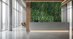Lombock Acoustic Moss and Nordic Lichen Frame in Green Finish with Reception Desk and Lounge Seating in Reception Setting