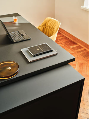 Mito Fenix Wooden Executive Desk with Side Storage with Tub Chair and Table Lamp in Modern Office Setting 2