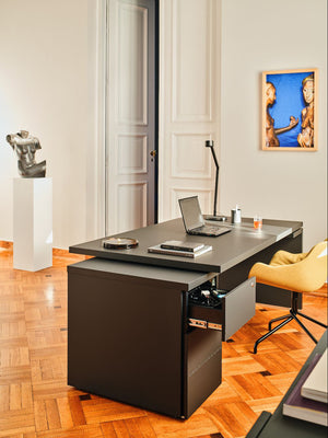 Mito Fenix Wooden Executive Desk with Side Storage with Tub Chair and Table Lamp in Modern Office Setting