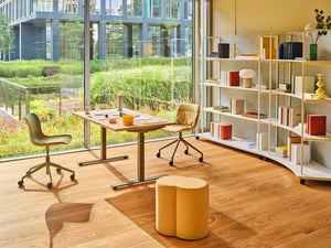 Mix Cube Soft Seating Geometric Pouffe with Sit Stand Desk and Task Chair in Modern Office Setting