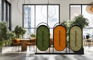 Ovale Wall and Freestanding Acoustic Moss Panel with Round Wooden Table and Indoor Plants in Breakout Setting