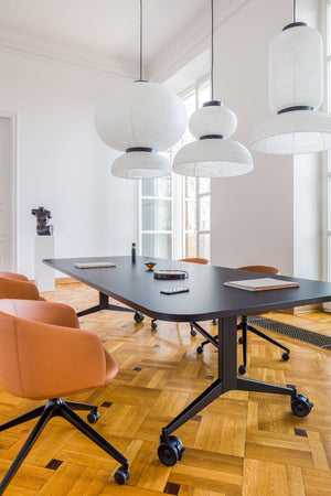 Plex Folding White Board Table on Castors with Tub Chairs in Meeting Room Setting