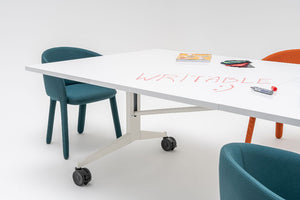 Plex Folding White Board Table on Castors with Tub Chairs