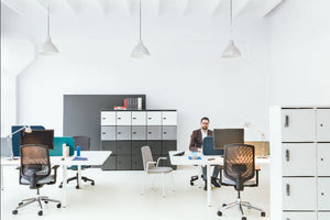 Wooden Locker Standard Cabinets with Bench Desk and Task Chairs in Modern Office Setting