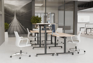 WsD Mara Mobile and Tilting Height Adjustable Table with Gesture Five Star Castors Meeting Room Chair in Modern Office Setting