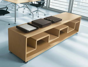 Xeon Wooden Bookcase 7 Low Bookcase with Mesh Back Armchair and Rectangular Table in Meeting Room Setting