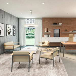 Ado Chair With Wooden Armrests In Beige With White Coffee Table In Executive Office Setting