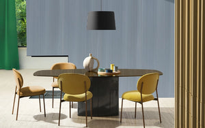 Aero Dining Table in Black Finish with Yellow Chair and Ceiling Lamp in Office Setting