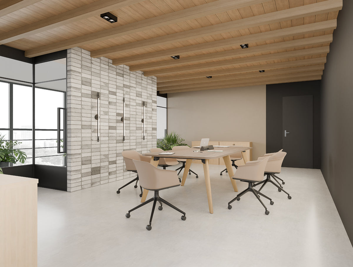 Alega 2 Piece Meeting Table in Sonoma Oak Finish with Pink Finish Jupiter Mobile Meeting Room Chair in Modern Office Setting