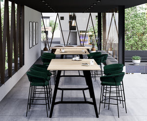 Alega 4 Legged Black Finish High Top Table with Green Finish Barstool in Breakout Setting