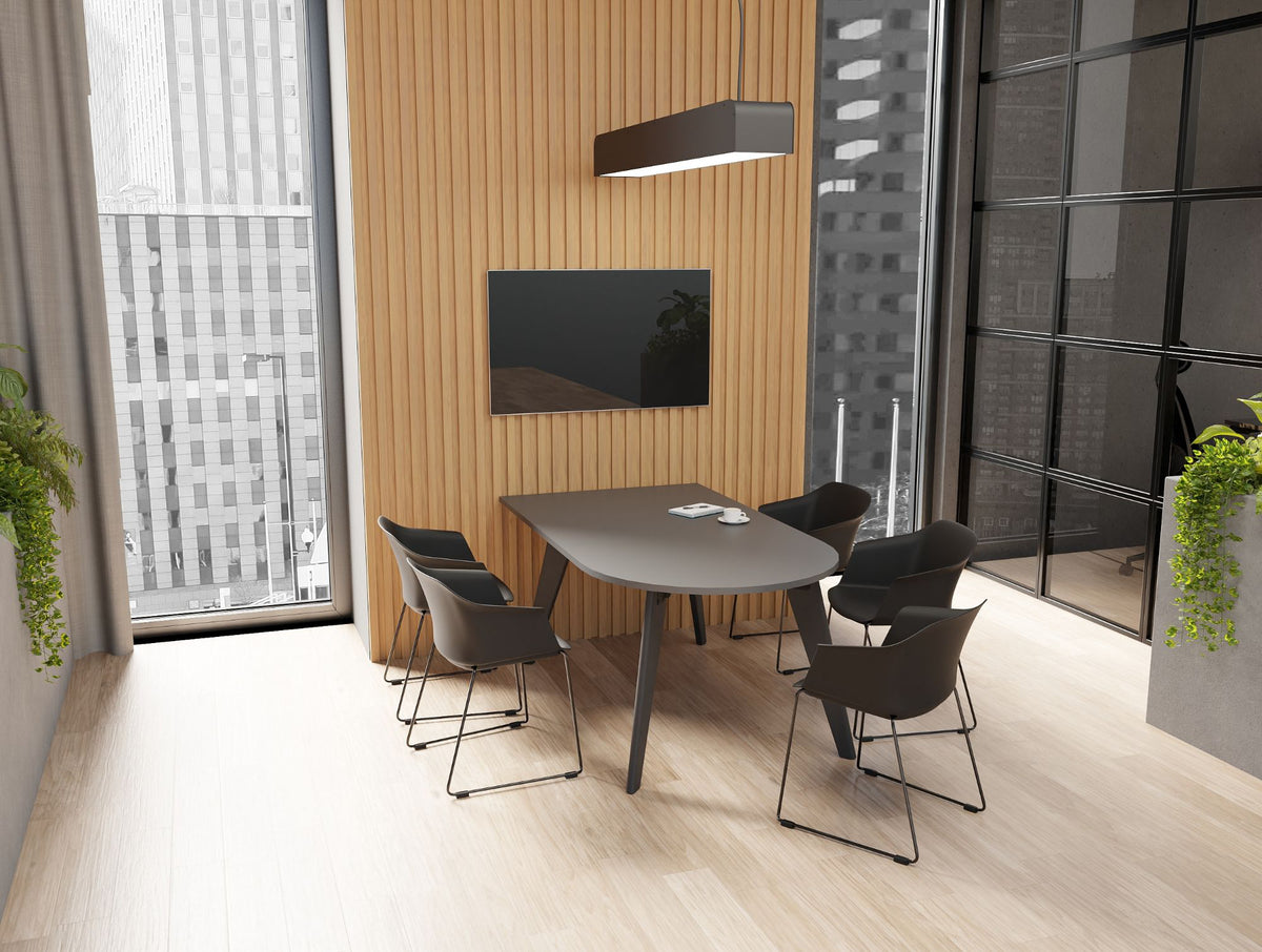 Alega Four Legged Media Table with Jupiter Sled Base Black Finish Chair in Modern Office Setting
