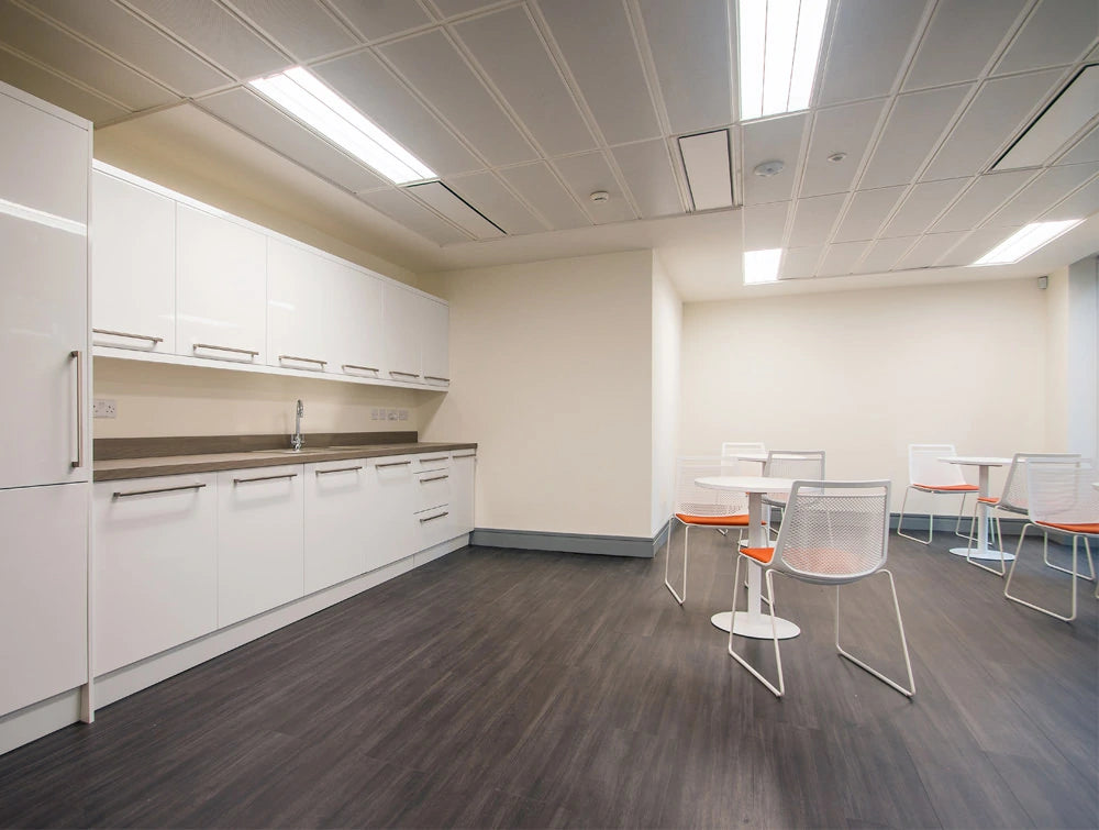 Apex Office Layout 7 White Mesh Canteen Chairs With White Round Coffee Table