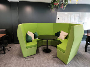 Ben 6 Person Mid Back Open Collaboration Pod with Round Top Cylinder Based Table and Cushions
