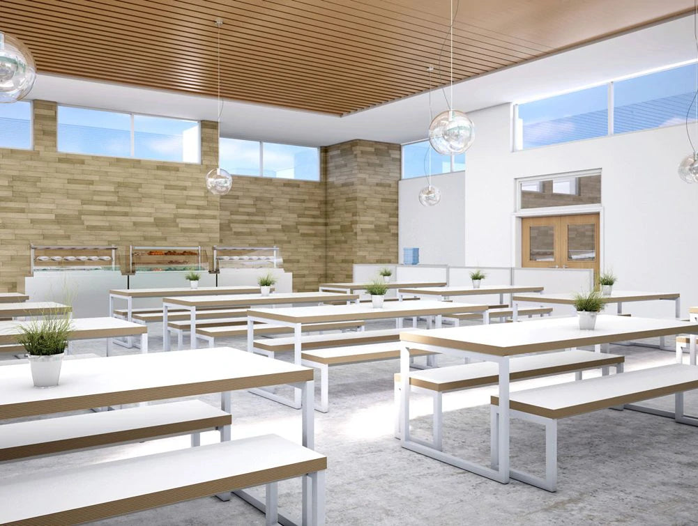 Block Steel White Canteen Table And Benches In An Office