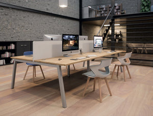 Buronomic Partage Trapezium Leg Desk 2 With Wood Finish Tabletop With Division And In A Library Setting