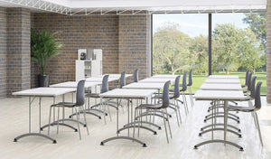 Buronomic Solution Folding Table In White Top Finish With Grey Armchair And White Coffee Station