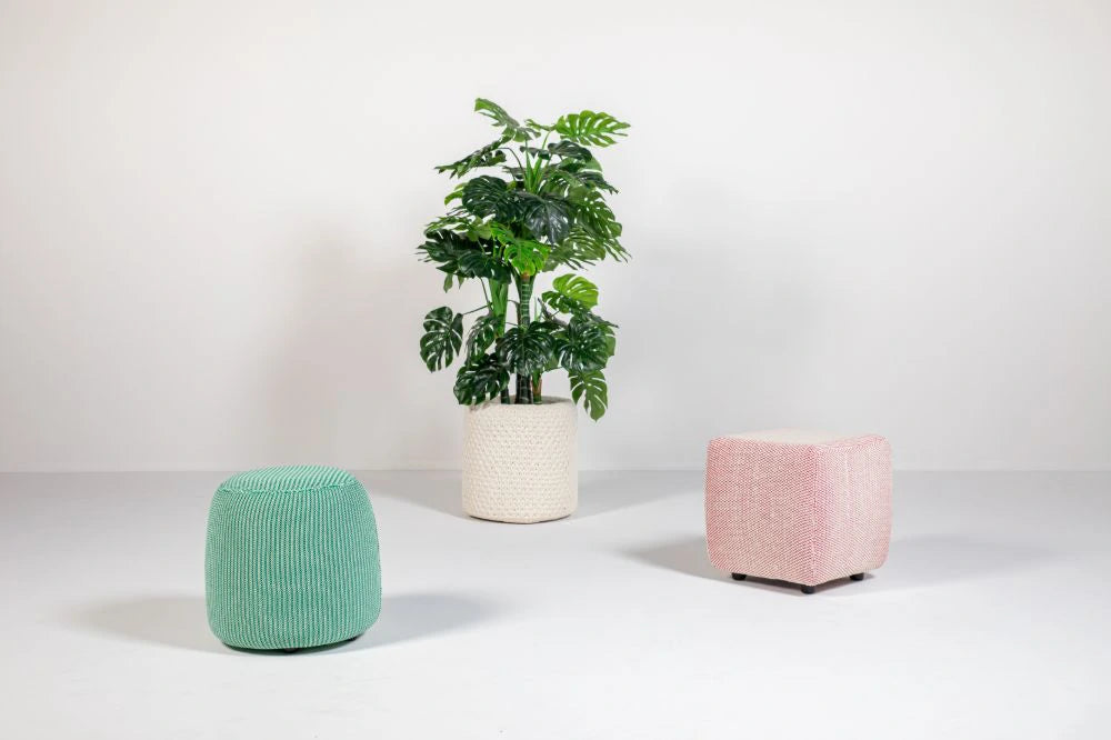 BuzziKnit Office Planter in Off White Finish with Square0and Round Pouffe