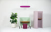 BuzziKnit Office Planter in White Finish with Green and Pink Privacy Desk with Maroon Pouffe