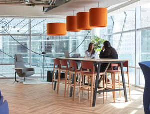 Buzziprop Pendant Light 5 In Orange With Bar Table In Breakout Area