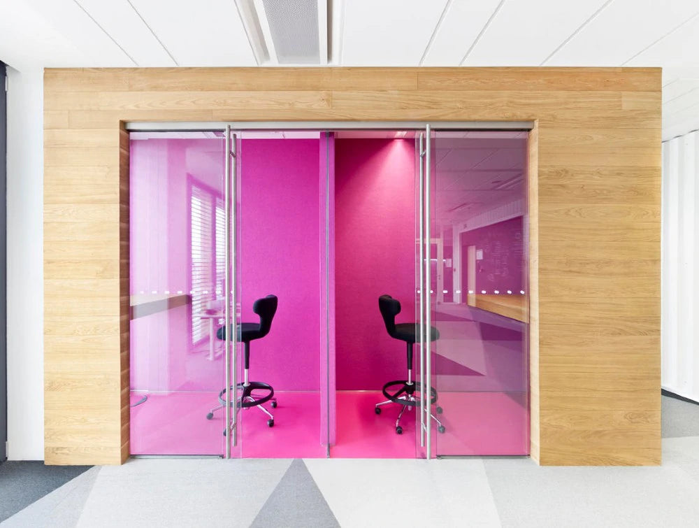 Buzziskin Acoustic Wallpaper 2 In Pink With Black Barstool And Bar Counter