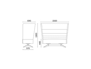 Cell128 2 Seater Sofa With Steel Base And 4 Spokes In Wood Dimensions