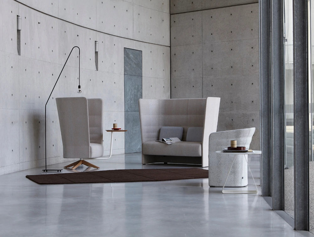 Cell128 Single Seater with Swivel Steel Base and 4 Spokes in Wood 3 with 2 Seater Sofa in Lounge Area