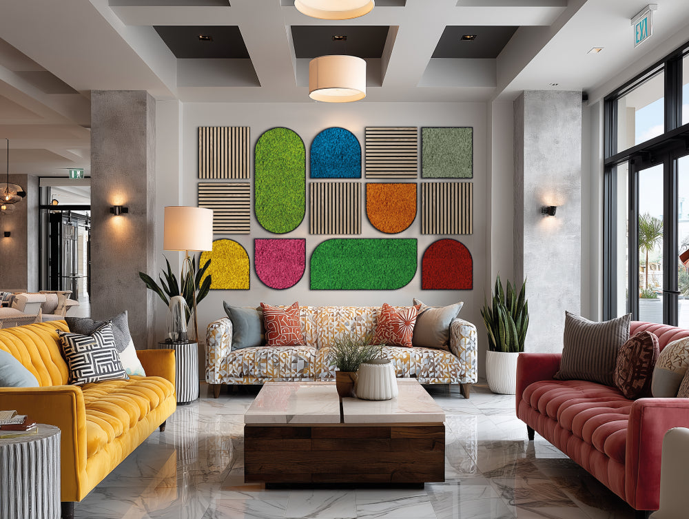 Chopin Framed Acoustic Moss Wall Panels in Multi Coloured Finishes with Sofa and Indoor Plant in Living Room Setting
