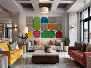 Chopin Framed Acoustic Moss Wall Panels in Multi Coloured Finishes with Sofa and Indoor Plant in Living Room Setting