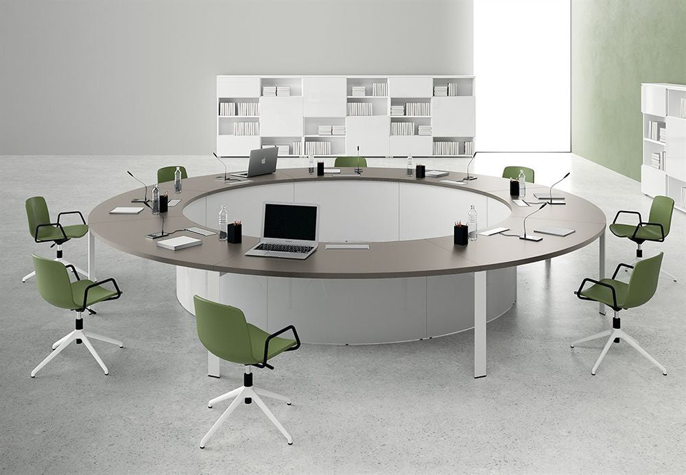 Circular Meeting Room Table in Walnut Top Finish with Swivel Chairs and Bookshelves in Modern Office Setting