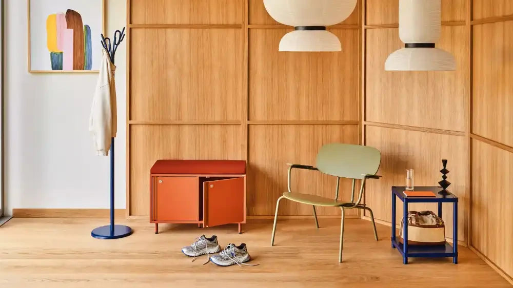 Clip Steel Coat Stand in Navy Blue Finish with Orange Low Cabinet and Olive Green Armchair in Home Office Setting