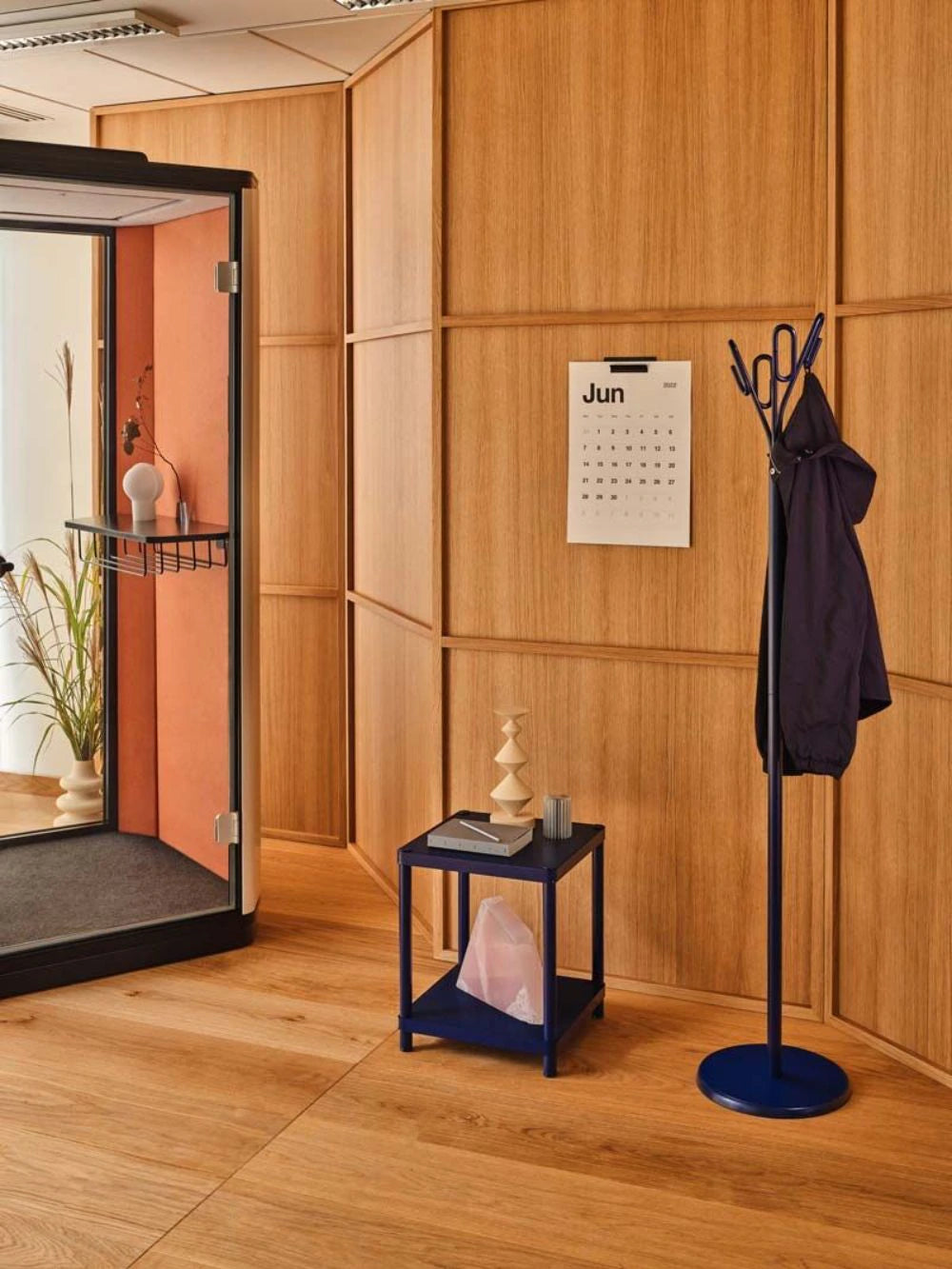 Clip Steel Coat Stand in Navy Blue Finish with Small Square Black Side Table and Acoustic Pod