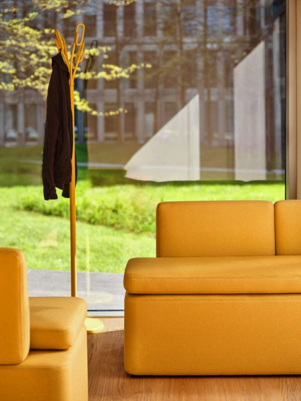 Clip Steel Coat Stand in Yellow Finish with Yellow Sofa