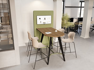 Confer Media Wall with Alega High Media Table in Oak Finish with Stark High Stool and Contour Ergonomic Chair and Key Bench Desk and Light Desk Screen in Modern Office Setting