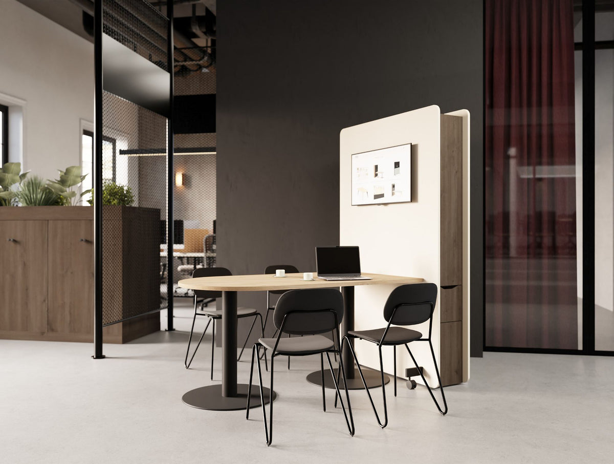 Confer Media Wall with Nexis Media Table in Oak Finish with Line Chair and Key Modular Back 2 Back Wooden Cupboard in Modern Office Setting 2