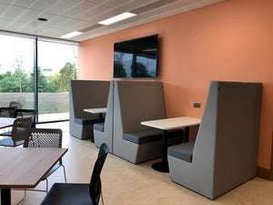 Connie Banquet Seating In Grey Finish With White Table And Black Dining Chair In Cafeteria Setting