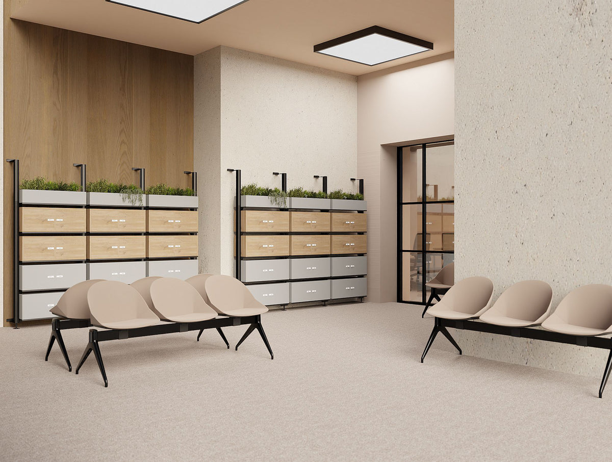 Decora Against the Wall Lockers with Planters in Black Frame Finish with Malin 3 Seater Beam Setting in Beige Finish in Breakout Setting