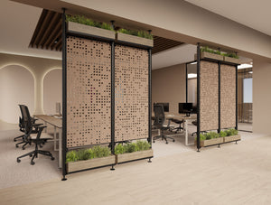 Decora Modular End of Desk Double Acoustic Panel with Planters in Brown Finish Together with Key Meeting Table and Jersey Task Chair in Modern Office Setting