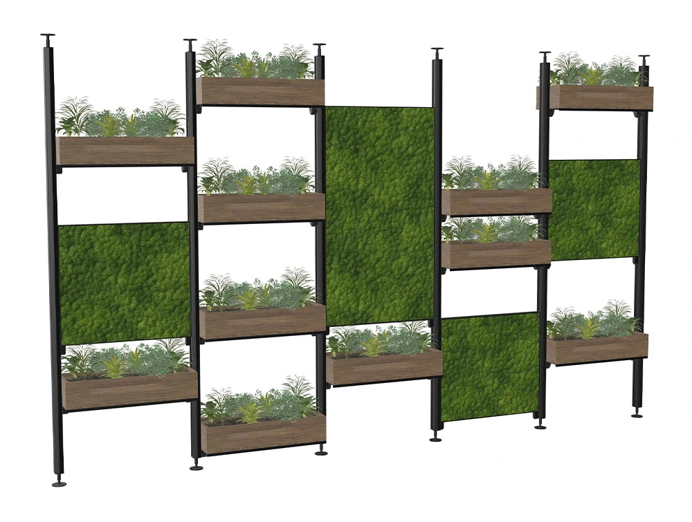 Decora Modular Zoning System with Moss Wall Panels and Planters