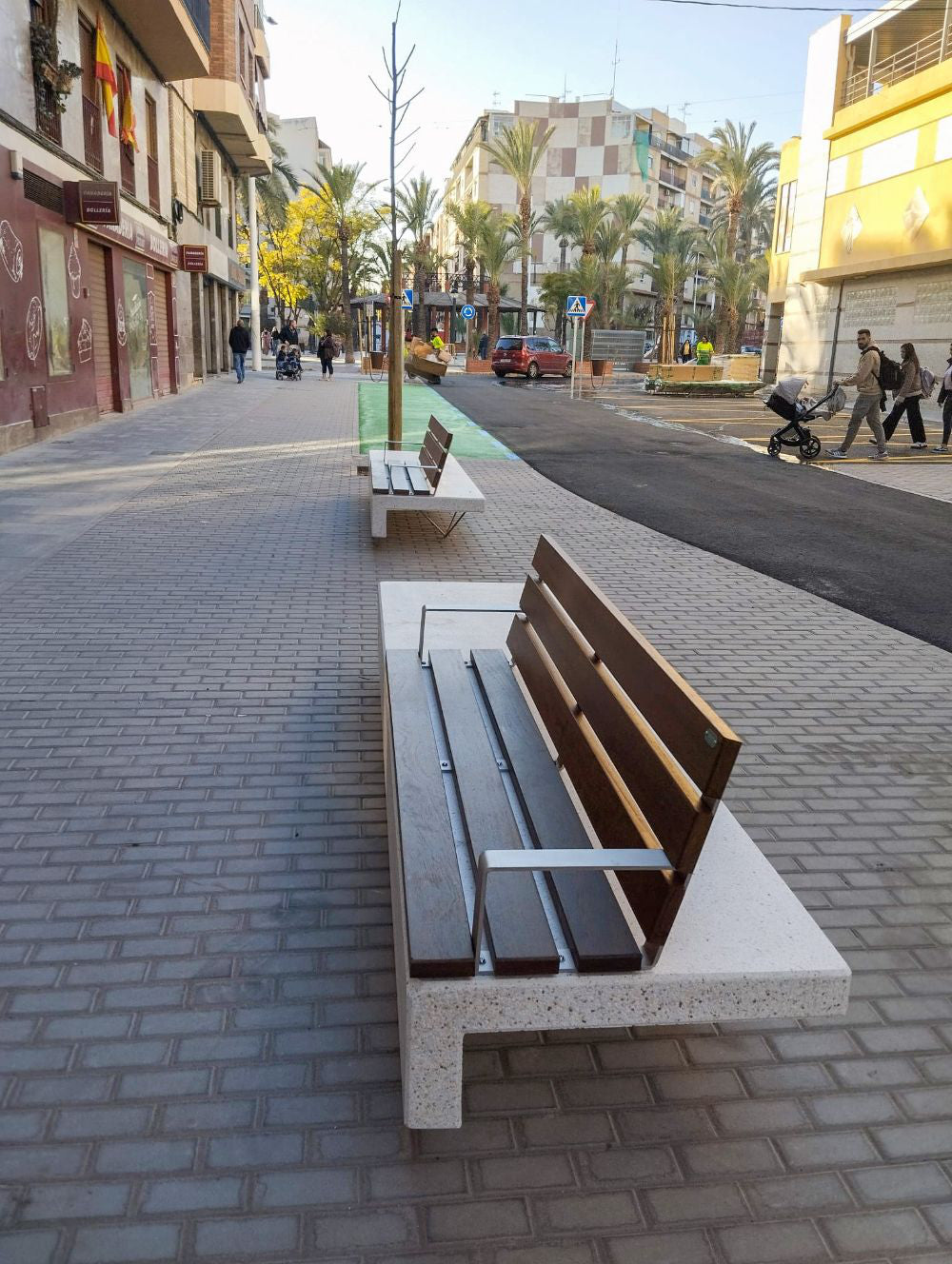 Ela Plus Rectangular Outdoor Bench in Two Toned Finish with Other Benches in Outdoor Setting 7