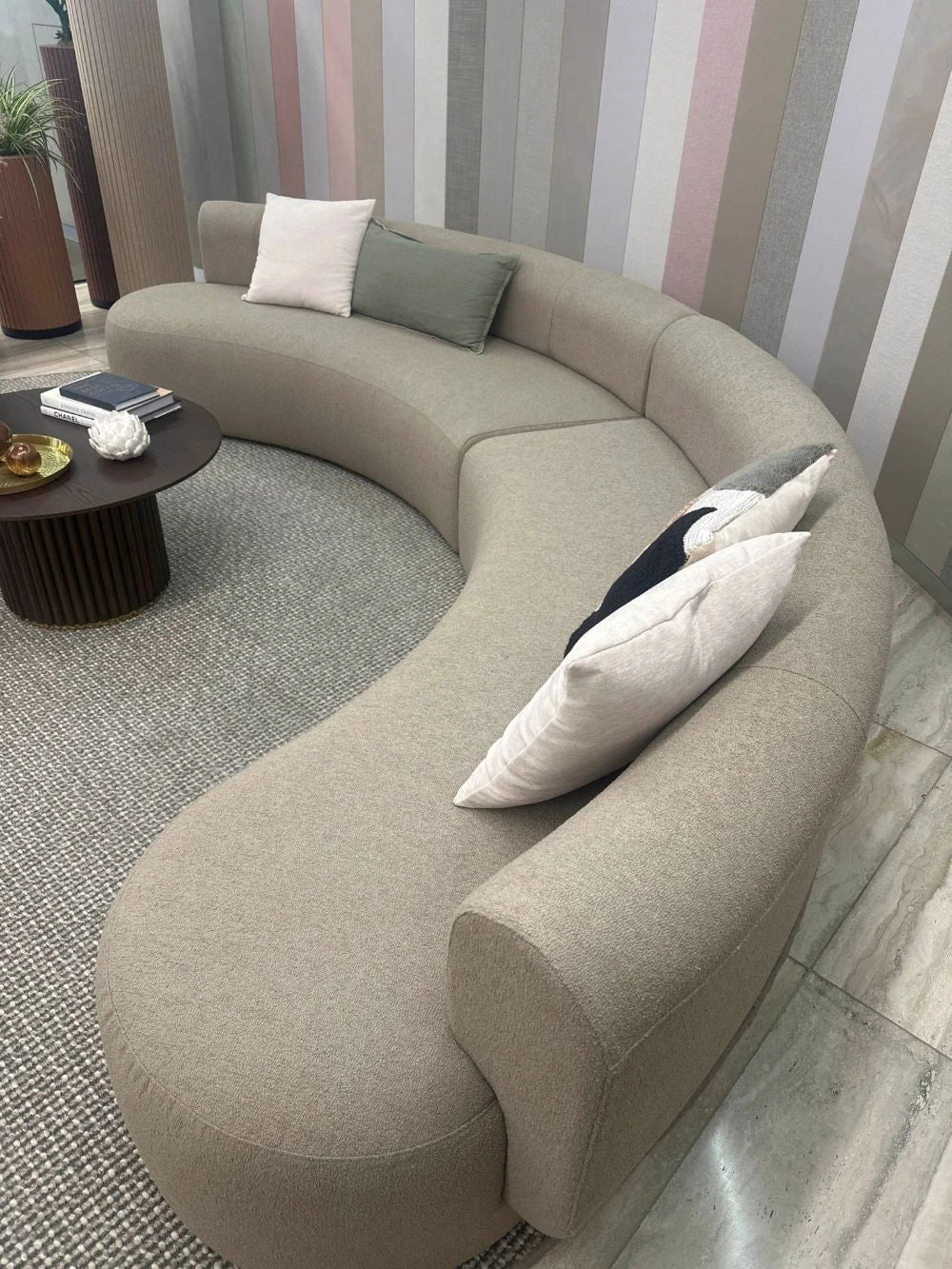 Emme Modular Seating Curved Seating with Cushions and Round Black Coffee Table