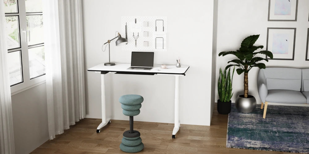 FlipMe Convertible Standing Desk with Banffy Stool in Home Office Setting