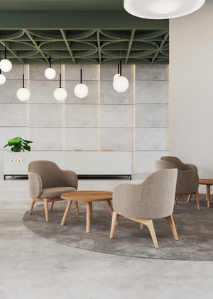 Flos Wooden Lounge Chair with Coffee Table and Ceiling Light in Reception Setting