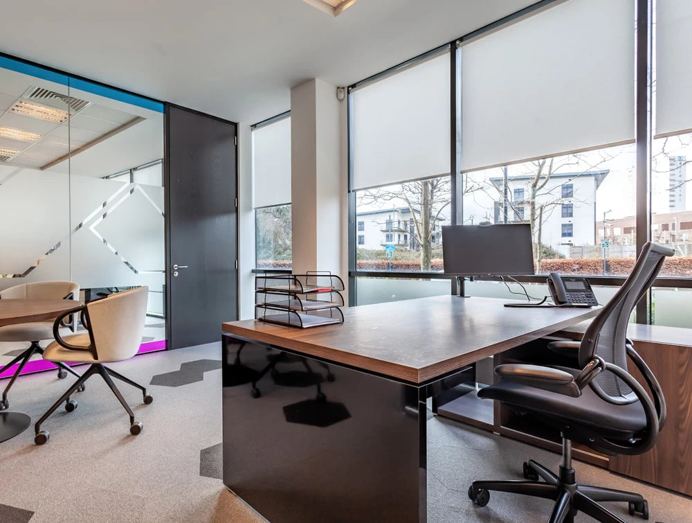 Fold Ireland Office Executive Manager Desk With Sideboard And Black Mesh Ergonomic Chair