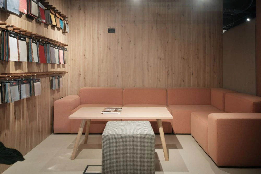 Frank Modular Upholstered Seating in Coral Finish with Square Pouffe and Rectagular Coffee Table